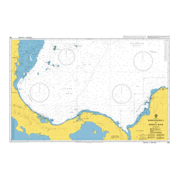 Product image of Admiralty Chart 396 | Barranquilla to Miskito Bank, featuring navigational markings, depth soundings, and coastal features, essential for safe marine navigation. It could be displayed as an art piece or used for navigation on a boat or ship.