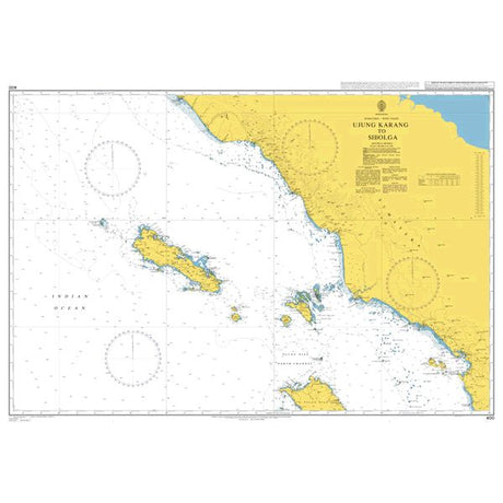 Product image of Admiralty Chart 400 | Ujung Karang to Sibolga, featuring navigational markings, depth soundings, and coastal features, essential for safe marine navigation. It could be displayed as an art piece or used for navigation on a boat or ship.