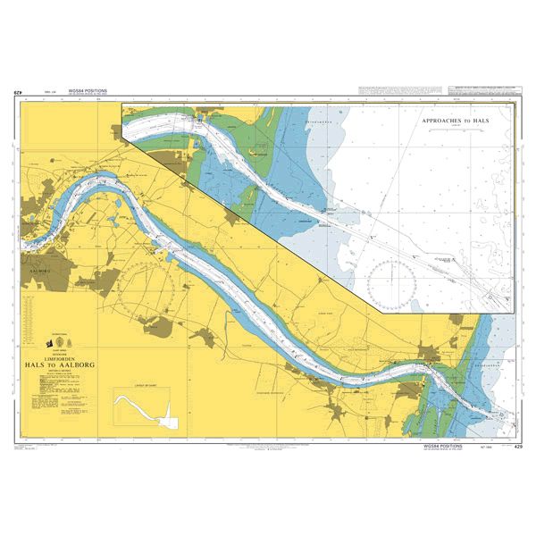 Product image of Admiralty Chart 429 | Hals to Aalborg, featuring navigational markings, depth soundings, and coastal features, essential for safe marine navigation. It could be displayed as an art piece or used for navigation on a boat or ship.