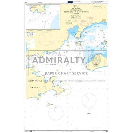 Product image of Admiralty Chart 432 | Approaches to Terminal da Ilha Guaiba, featuring navigational markings, depth soundings, and coastal features, essential for safe marine navigation. It could be displayed as an art piece or used for navigation on a boat or ship.