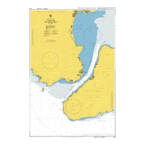 Product image of Admiralty Chart 436 | Canal de Sao Sebastiao, featuring navigational markings, depth soundings, and coastal features, essential for safe marine navigation. It could be displayed as an art piece or used for navigation on a boat or ship.