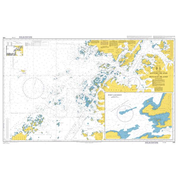 Product image of Admiralty Chart 446 | Anvers Island to Renaud Island, featuring navigational markings, depth soundings, and coastal features, essential for safe marine navigation. It could be displayed as an art piece or used for navigation on a boat or ship.