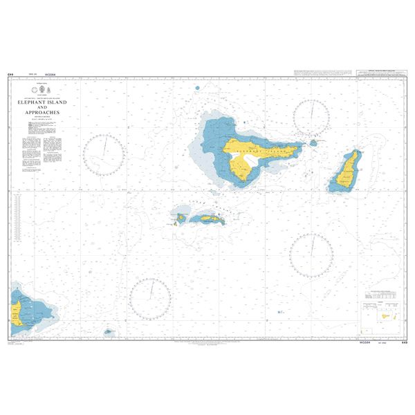 Product image of Admiralty Chart 449 | Elephant Island and Approaches, featuring navigational markings, depth soundings, and coastal features, essential for safe marine navigation. It could be displayed as an art piece or used for navigation on a boat or ship.