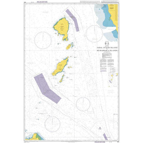 Product image of Admiralty Chart 453 | Jazirat Jabal Zuqar to Muhabbaka Islands, featuring navigational markings, depth soundings, and coastal features, essential for safe marine navigation. It could be displayed as an art piece or used for navigation on a boat or ship.