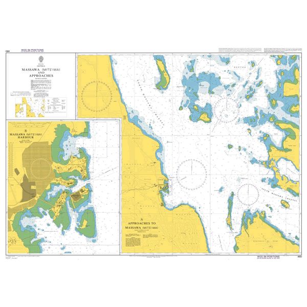 Product image of Admiralty Chart 460 | Massawa (Mits'iwa) and Approaches, featuring navigational markings, depth soundings, and coastal features, essential for safe marine navigation. It could be displayed as an art piece or used for navigation on a boat or ship.