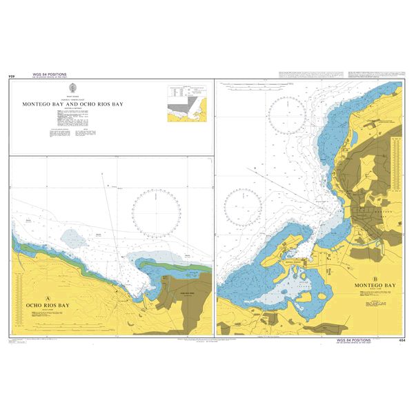 Product image of Admiralty Chart 464 | Montego Bay and Ocho Rios Bay, featuring navigational markings, depth soundings, and coastal features, essential for safe marine navigation. It could be displayed as an art piece or used for navigation on a boat or ship.