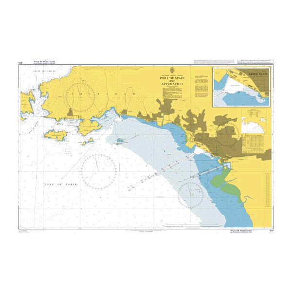 Product image of Admiralty Chart 474 | Port of Spain and Approaches, featuring navigational markings, depth soundings, and coastal features, essential for safe marine navigation. It could be displayed as an art piece or used for navigation on a boat or ship.