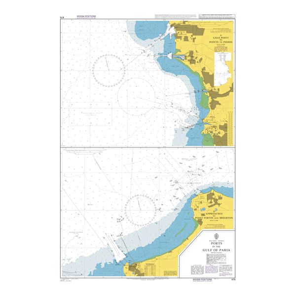 Product image of Admiralty Chart 475 | Ports in the Gulf of Paria, featuring navigational markings, depth soundings, and coastal features, essential for safe marine navigation. It could be displayed as an art piece or used for navigation on a boat or ship.