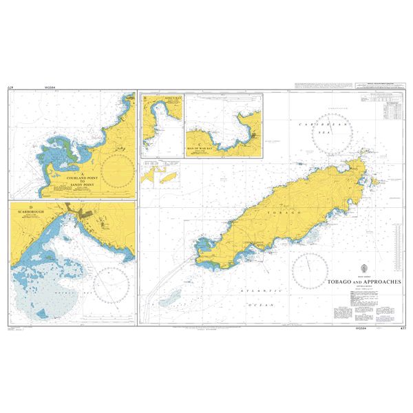 Product image of Admiralty Chart 477 | Tobago and Approaches, featuring navigational markings, depth soundings, and coastal features, essential for safe marine navigation. It could be displayed as an art piece or used for navigation on a boat or ship.