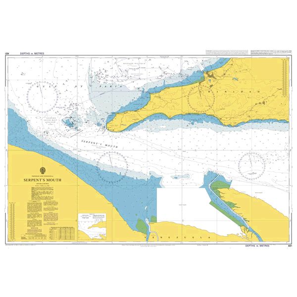 Product image of Admiralty Chart 481 | Serpent's Mouth, featuring navigational markings, depth soundings, and coastal features, essential for safe marine navigation. It could be displayed as an art piece or used for navigation on a boat or ship.