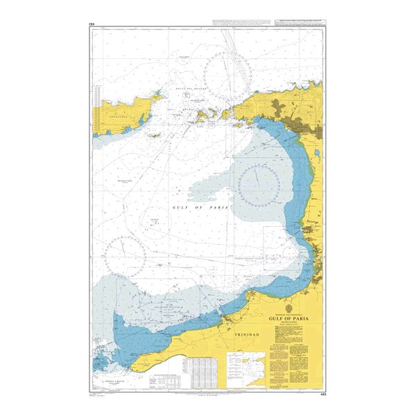 Product image of Admiralty Chart 483 | Gulf of Paria, featuring navigational markings, depth soundings, and coastal features, essential for safe marine navigation. It could be displayed as an art piece or used for navigation on a boat or ship.