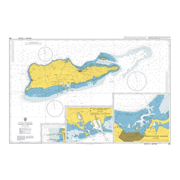 Product image of Admiralty Chart 485 | Saint Croix, featuring navigational markings, depth soundings, and coastal features, essential for safe marine navigation. It could be displayed as an art piece or used for navigation on a boat or ship.