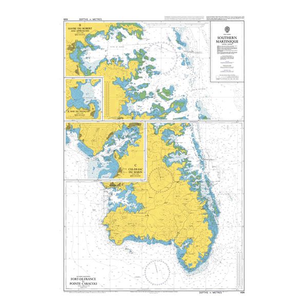 Product image of Admiralty Chart 494 | Southern Martinique Fort-de-France to Pointe Caracoli, featuring navigational markings, depth soundings, and coastal features, essential for safe marine navigation. It could be displayed as an art piece or used for navigation on a boat or ship.