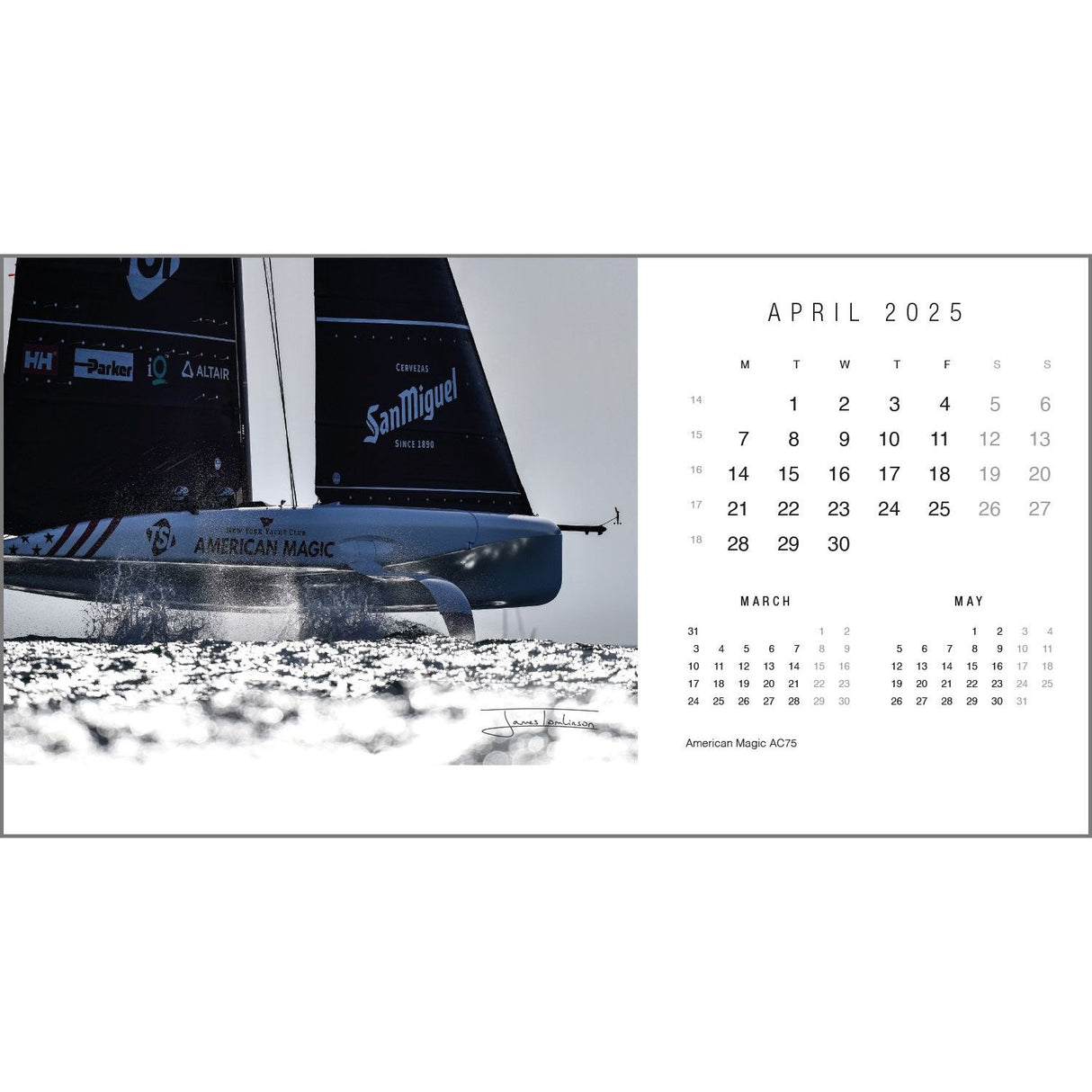 The Rick Tomlinson Desk Calendar 2025 by Rick Tomlinson Photography features a breathtaking close-up of an American Magic sailboat, captured by the acclaimed yachting photographer Rick Tomlinson. The boat's branded hull and sail are prominently displayed, while the calendar dates are elegantly arranged on the right side.