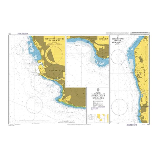 Product image of Admiralty Chart 502 | Harbours and Anchorages in Barbados, featuring navigational markings, depth soundings, and coastal features, essential for safe marine navigation. It could be displayed as an art piece or used for navigation on a boat or ship.