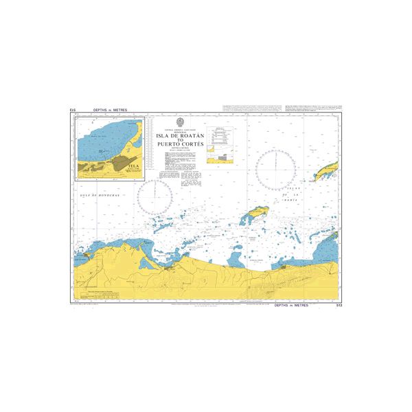 Product image of Admiralty Chart 513 | Isla de Roatan to Puerto Cortes, featuring navigational markings, depth soundings, and coastal features, essential for safe marine navigation. It could be displayed as an art piece or used for navigation on a boat or ship.