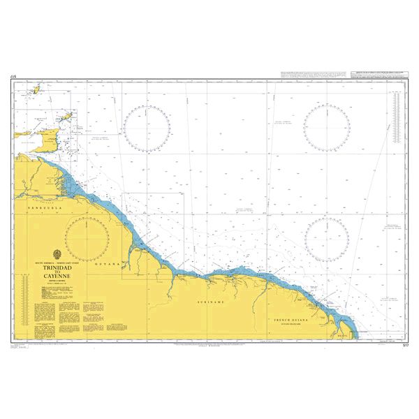 Product image of Admiralty Chart 517 | Trinidad to Cayenne, featuring navigational markings, depth soundings, and coastal features, essential for safe marine navigation. It could be displayed as an art piece or used for navigation on a boat or ship.