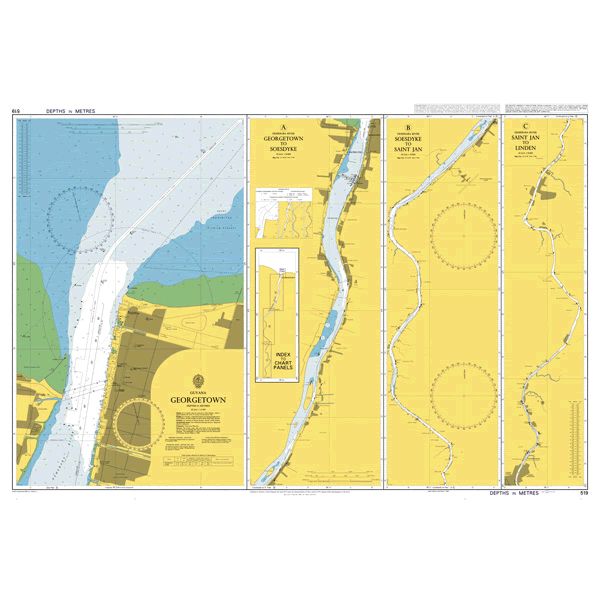 Product image of Admiralty Chart 519 | Georgetown, featuring navigational markings, depth soundings, and coastal features, essential for safe marine navigation. It could be displayed as an art piece or used for navigation on a boat or ship.