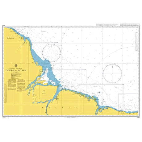 Product image of Admiralty Chart 520 | Cayenne to Sao Luis, featuring navigational markings, depth soundings, and coastal features, essential for safe marine navigation. It could be displayed as an art piece or used for navigation on a boat or ship.