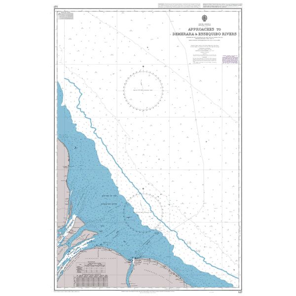 Product image of Admiralty Chart 527 | Approaches to Demerara and Essequibo Rivers, featuring navigational markings, depth soundings, and coastal features, essential for safe marine navigation. It could be displayed as an art piece or used for navigation on a boat or ship.