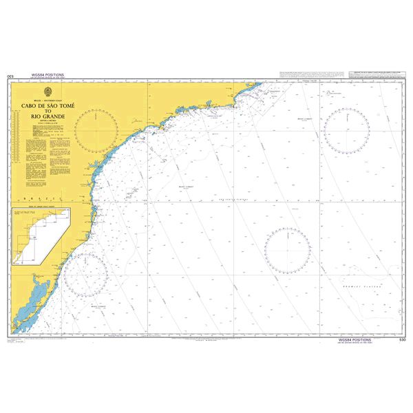 Product image of Admiralty Chart 530 | Cabo de Sao Tome to Rio Grande, featuring navigational markings, depth soundings, and coastal features, essential for safe marine navigation. It could be displayed as an art piece or used for navigation on a boat or ship.