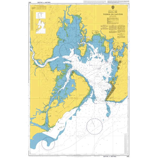 Product image of Admiralty Chart 540 | Baia de Todos os Santos, featuring navigational markings, depth soundings, and coastal features, essential for safe marine navigation. It could be displayed as an art piece or used for navigation on a boat or ship.