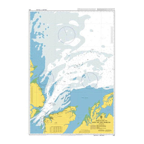 Product image of Admiralty Chart 543 | Approaches to Baia de Sao Marcos, featuring navigational markings, depth soundings, and coastal features, essential for safe marine navigation. It could be displayed as an art piece or used for navigation on a boat or ship.