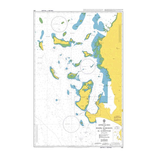 Product image of Admiralty Chart 548 | Approaches to Madiq Kamaran and Al Luhayyah, featuring navigational markings, depth soundings, and coastal features, essential for safe marine navigation. It could be displayed as an art piece or used for navigation on a boat or ship.