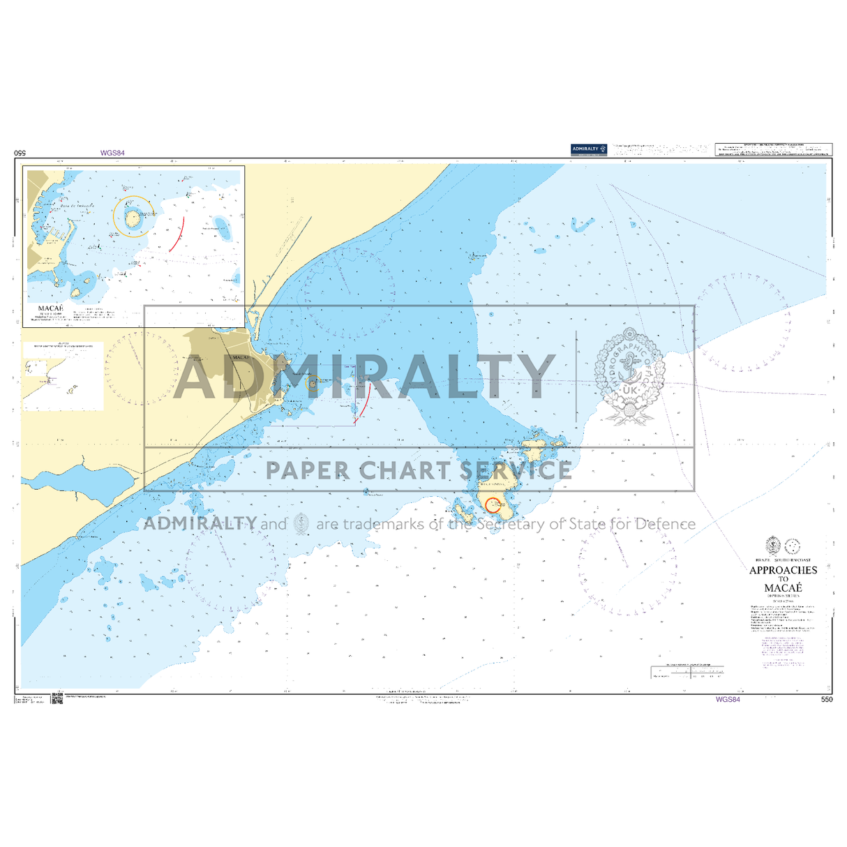 Product image of Admiralty Chart 550 | Approaches to Macae, featuring navigational markings, depth soundings, and coastal features, essential for safe marine navigation. It could be displayed as an art piece or used for navigation on a boat or ship.