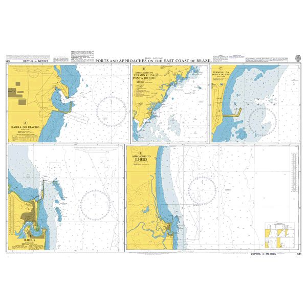 Product image of Admiralty Chart 551 | Ports and Approaches on the East Coast of Brazil, featuring navigational markings, depth soundings, and coastal features, essential for safe marine navigation. It could be displayed as an art piece or used for navigation on a boat or ship.