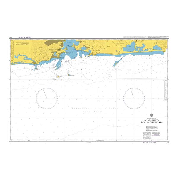 Product image of Admiralty Chart 553 | Approaches to Rio de Janeiro, featuring navigational markings, depth soundings, and coastal features, essential for safe marine navigation. It could be displayed as an art piece or used for navigation on a boat or ship.