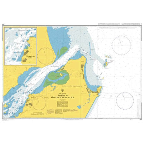 Product image of Admiralty Chart 555 | Porto de Sao Francisco do Sul, featuring navigational markings, depth soundings, and coastal features, essential for safe marine navigation. It could be displayed as an art piece or used for navigation on a boat or ship.