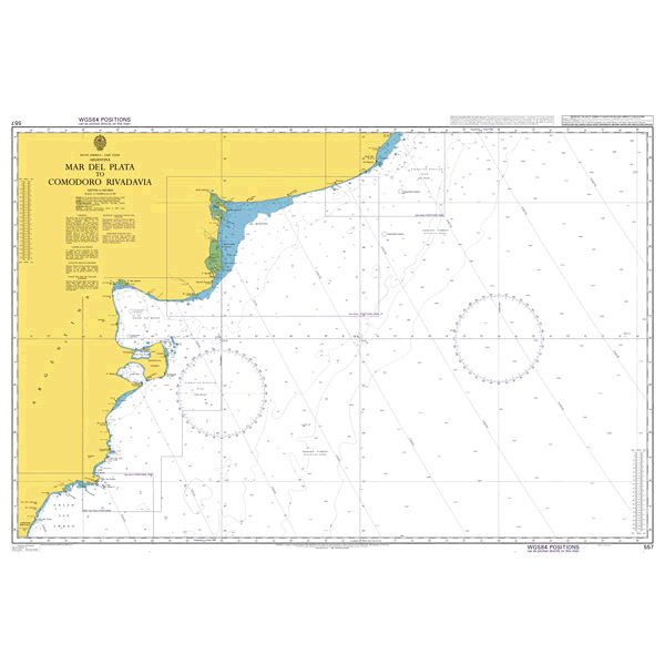 Product image of Admiralty Chart 557 | Mar del Plata to Comodoro Rivadavia, featuring navigational markings, depth soundings, and coastal features, essential for safe marine navigation. It could be displayed as an art piece or used for navigation on a boat or ship.