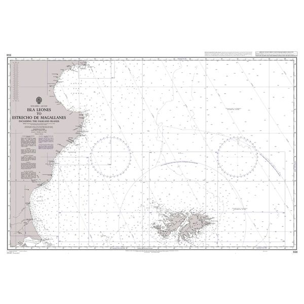 Product image of Admiralty Chart 558 | Isla Leones to Estrecho de Magallanes including the Falkland Islands, featuring navigational markings, depth soundings, and coastal features, essential for safe marine navigation. It could be displayed as an art piece or used for navigation on a boat or ship.