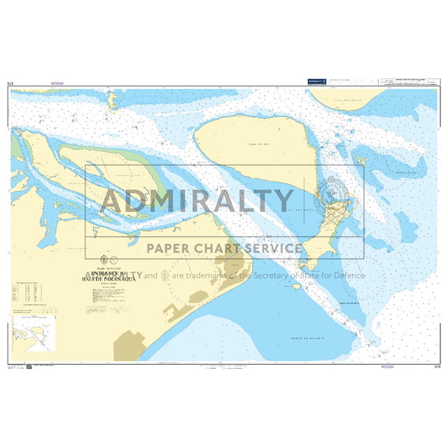 Product image of Admiralty Chart 579 | Entrance to Baia de Paranagua, featuring navigational markings, depth soundings, and coastal features, essential for safe marine navigation. It could be displayed as an art piece or used for navigation on a boat or ship.