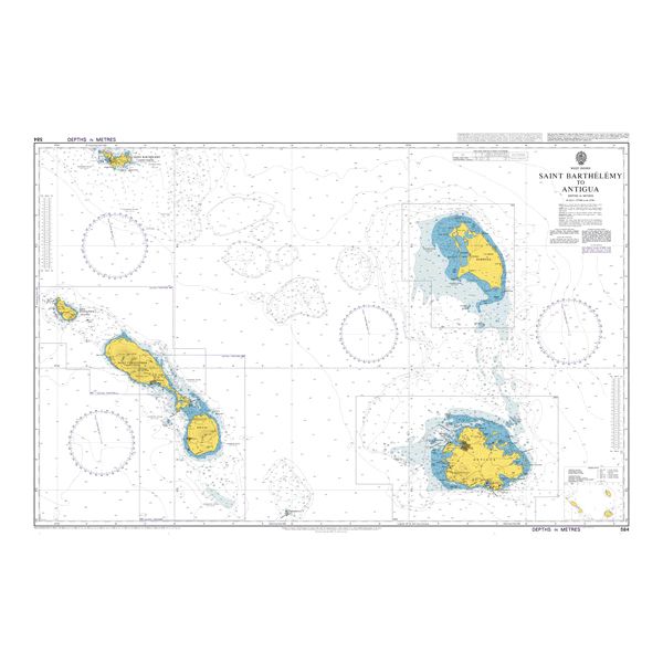 Product image of Admiralty Chart 584 | Saint Barthelemy to Antigua, featuring navigational markings, depth soundings, and coastal features, essential for safe marine navigation. It could be displayed as an art piece or used for navigation on a boat or ship.