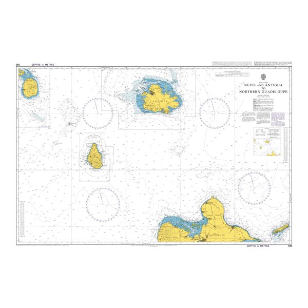 Product image of Admiralty Chart 585 | Nevis and Antigua to Northern Guadeloupe, featuring navigational markings, depth soundings, and coastal features, essential for safe marine navigation. It could be displayed as an art piece or used for navigation on a boat or ship.