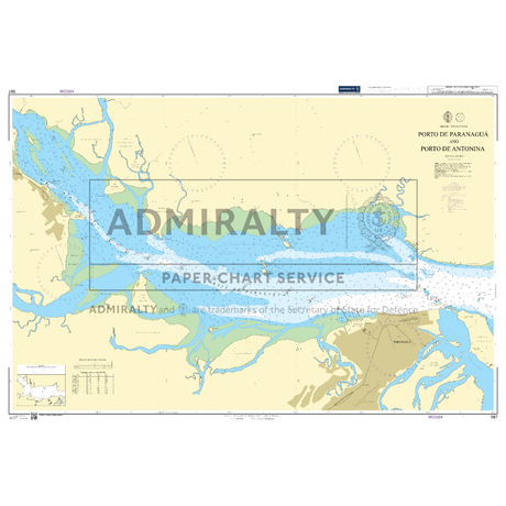 Product image of Admiralty Chart 587 | Porto de Paranagua and Porto de Antonina, featuring navigational markings, depth soundings, and coastal features, essential for safe marine navigation. It could be displayed as an art piece or used for navigation on a boat or ship.