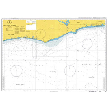 Product image of Admiralty Chart 595 | Sassandra to Lagos, featuring navigational markings, depth soundings, and coastal features, essential for safe marine navigation. It could be displayed as an art piece or used for navigation on a boat or ship.