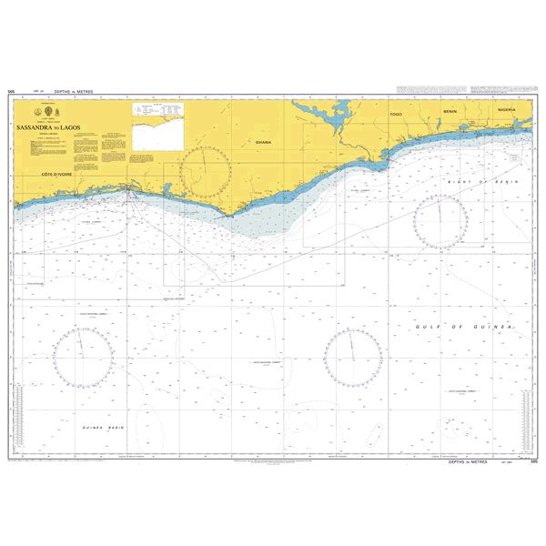 Product image of Admiralty Chart 595 | Sassandra to Lagos, featuring navigational markings, depth soundings, and coastal features, essential for safe marine navigation. It could be displayed as an art piece or used for navigation on a boat or ship.