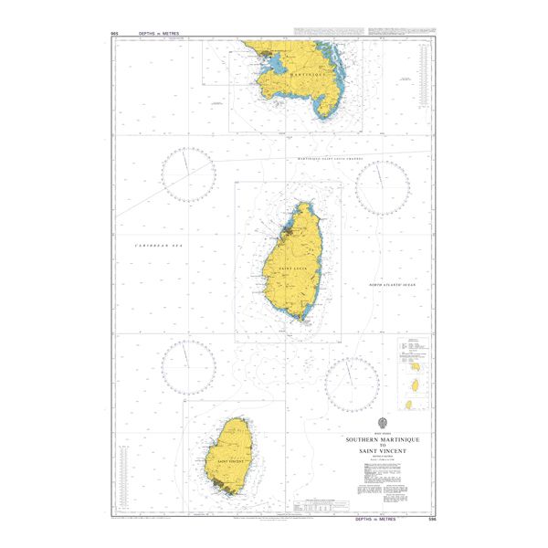 Product image of Admiralty Chart 596 | Southern Martinique to Saint Vincent, featuring navigational markings, depth soundings, and coastal features, essential for safe marine navigation. It could be displayed as an art piece or used for navigation on a boat or ship.