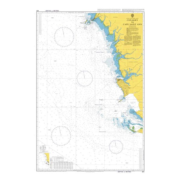 Product image of Admiralty Chart 601 | Conakry to Cape Saint Ann, featuring navigational markings, depth soundings, and coastal features, essential for safe marine navigation. It could be displayed as an art piece or used for navigation on a boat or ship.