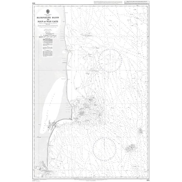 Product image of Admiralty Chart 605 | Bluefields Bluff to Man of War Cays, featuring navigational markings, depth soundings, and coastal features, essential for safe marine navigation. It could be displayed as an art piece or used for navigation on a boat or ship.