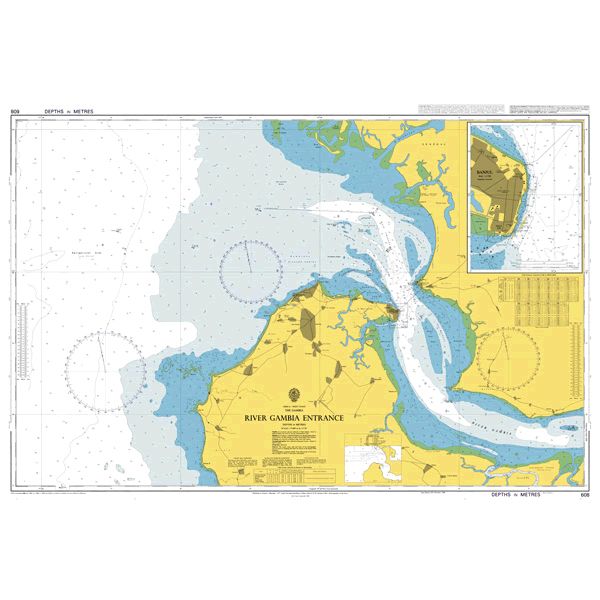 Product image of Admiralty Chart 608 | River Gambia Entrance, featuring navigational markings, depth soundings, and coastal features, essential for safe marine navigation. It could be displayed as an art piece or used for navigation on a boat or ship.