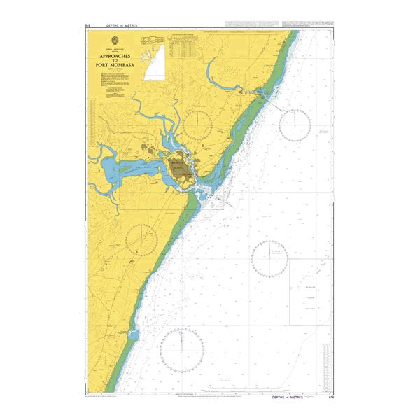 Product image of Admiralty Chart 616 | Approaches to Port Mombasa, featuring navigational markings, depth soundings, and coastal features, essential for safe marine navigation. It could be displayed as an art piece or used for navigation on a boat or ship.