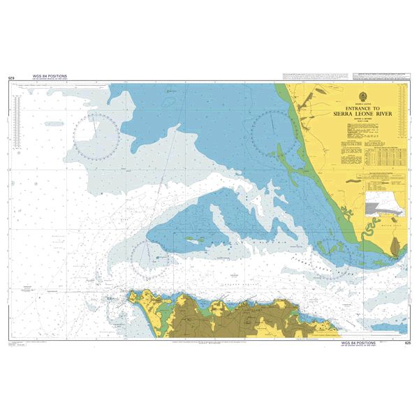 Product image of Admiralty Chart 625 | Entrance to Sierra Leone River, featuring navigational markings, depth soundings, and coastal features, essential for safe marine navigation. It could be displayed as an art piece or used for navigation on a boat or ship.