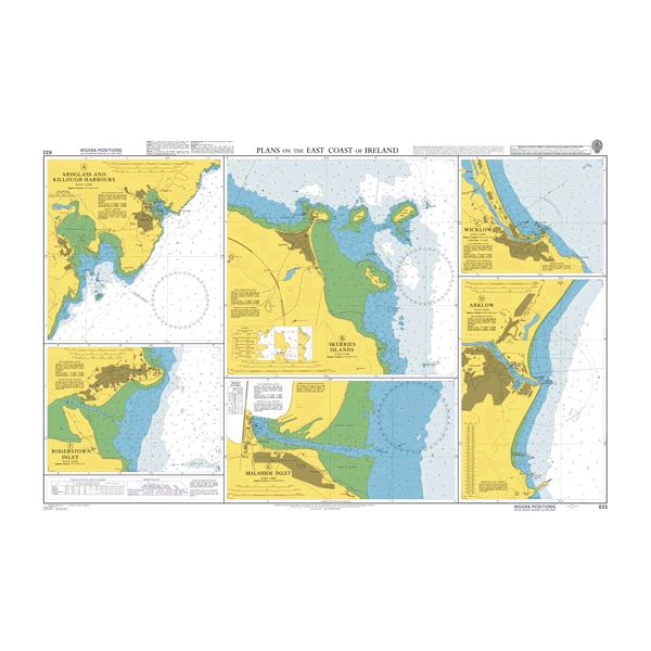 Product image of Admiralty Chart 633 | Plans on the East Coast of Ireland, featuring navigational markings, depth soundings, and coastal features, essential for safe marine navigation. It could be displayed as an art piece or used for navigation on a boat or ship.