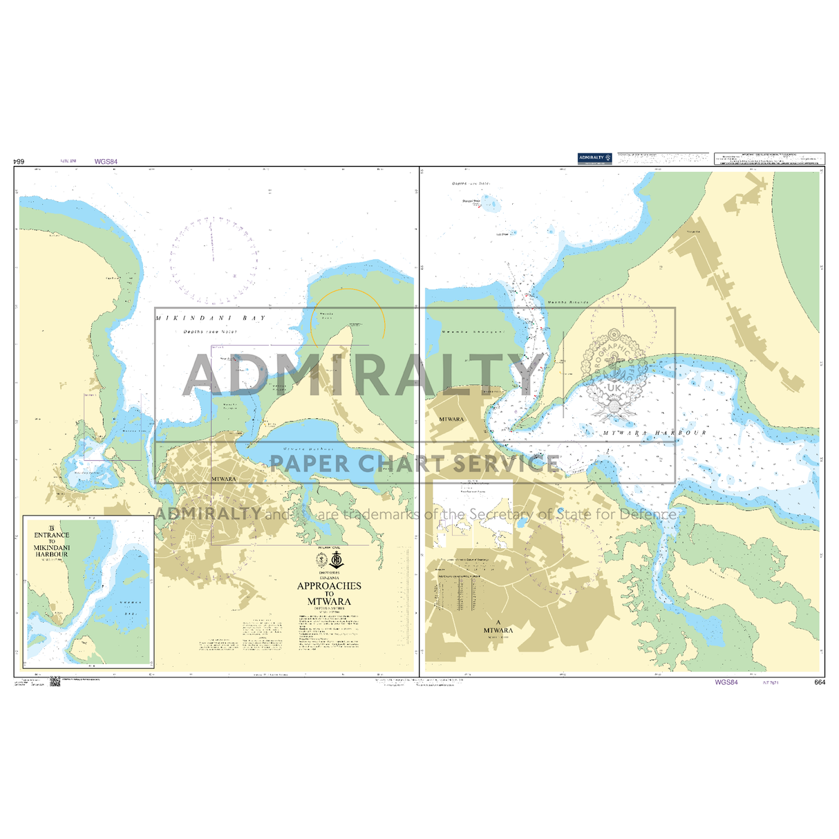 Product image of Admiralty Chart 664 | Approaches to Mtwara, featuring navigational markings, depth soundings, and coastal features, essential for safe marine navigation. It could be displayed as an art piece or used for navigation on a boat or ship.