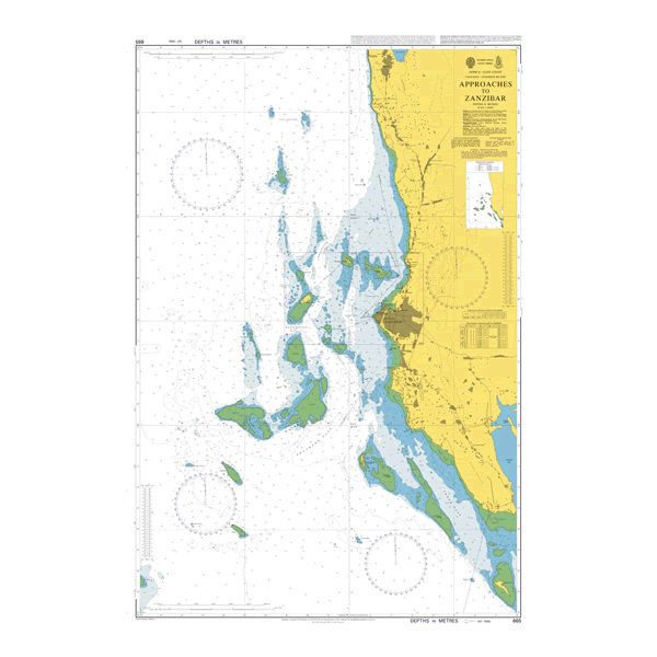 Product image of Admiralty Chart 665 | Approaches to Zanzibar, featuring navigational markings, depth soundings, and coastal features, essential for safe marine navigation. It could be displayed as an art piece or used for navigation on a boat or ship.