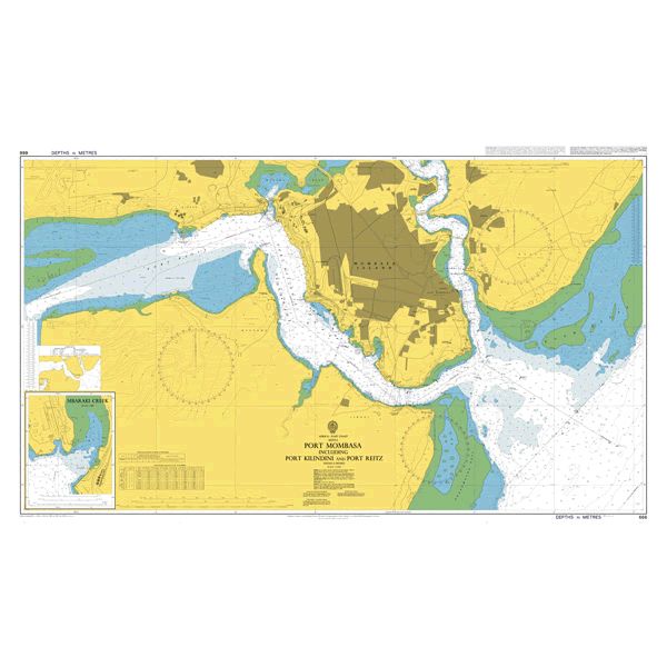 Product image of Admiralty Chart 666 | Port Mombasa including Port Kilindini and Port Reitz, featuring navigational markings, depth soundings, and coastal features, essential for safe marine navigation. It could be displayed as an art piece or used for navigation on a boat or ship.